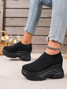 Women's Black Sport Shoes Platform Sneakers Waterproof Wedge Knit Casual Lace Up Shoes - Black - View 1