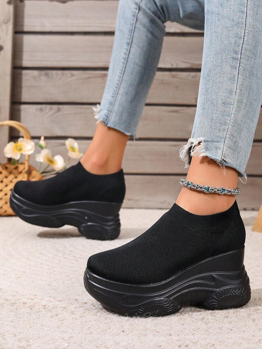 Women's Black Sport Shoes Platform Sneakers Waterproof Wedge Knit Casual Lace Up Shoes - Black - View 1