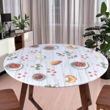 1pc Round PVC Tablecloth With Flannel Backing, Elastic Edge Design, Waterproof Oil-Proof Wipe Clean Vinyl Table Cover For Round Table