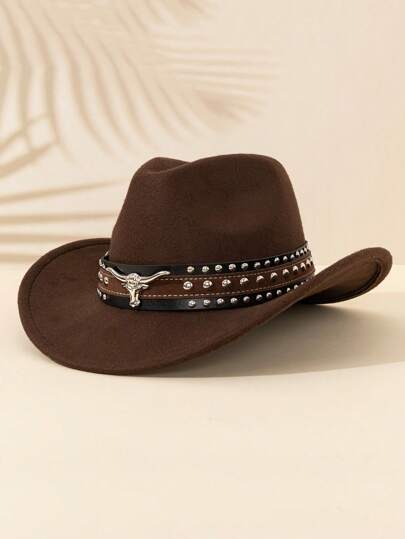 1 قطعة قبعة كاوبوي من الجلد الصناعي PU مزينة براس الثور ، قبعة كاوبوي بوليستر رجعية ، مناسبة للارتداء اليومي ، حفلات الكاوبوي الغربية ، وحانة الكاوبوي