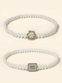New Fashion Girls White Crystal Flower/Square Buckle Decoration Elastic Waist Dress With Pearl Waist Chain, Elegant & Stylish - Square Buckle - View 2
