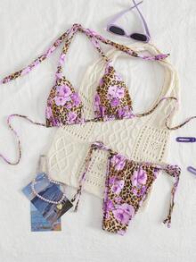 Leopard & Floral Print Bikini Set For Beach/Vacation - Multicolor - View 2