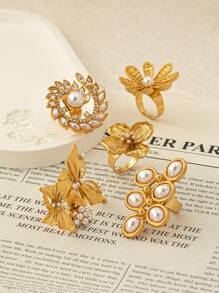 5pcs Gold Flower Shaped Ring Set, Women's Faux Pearl Floral & Butterfly Decor Chunky Rings, Spring/Summer Jewelry - Gold - View 2
