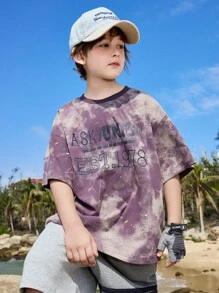 ASK JUNIOR 青少年男孩扎染仿旧泼漆印花短袖 T 恤 - 紫色 - 查看 1