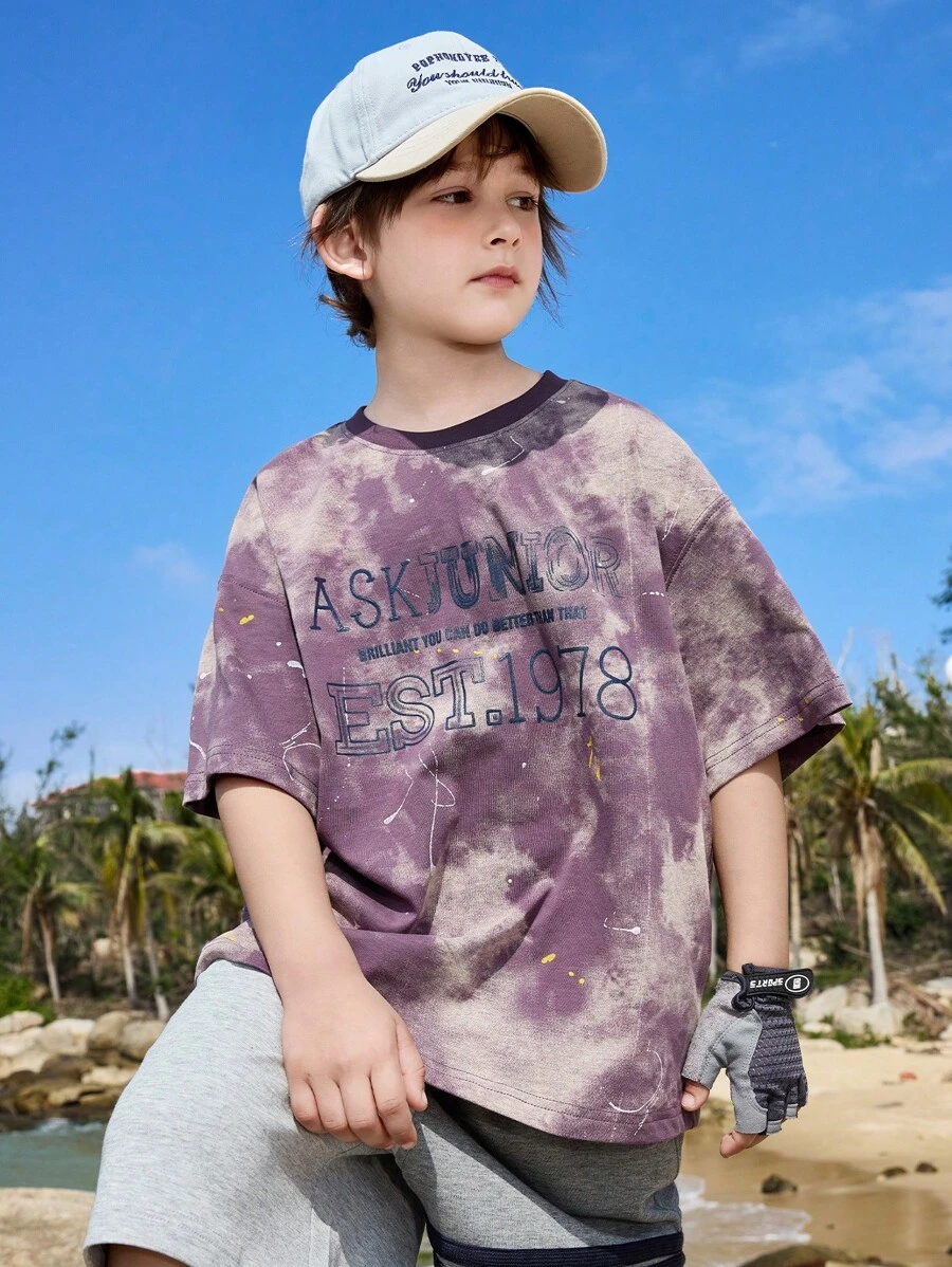 ASK JUNIOR 青少年男孩扎染仿旧泼漆印花短袖 T 恤 - 紫色 - 查看 1