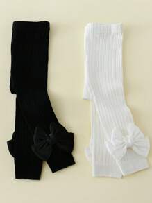 2 Packs Cotton Girls Satin Bow Detail Cropped Leggings