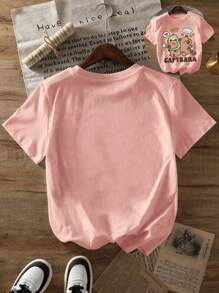 Young Girl's Cartoon Capybala Print Round Neck Short Sleeve Tee Spring And Summer Casual T Shirt For Young Girl