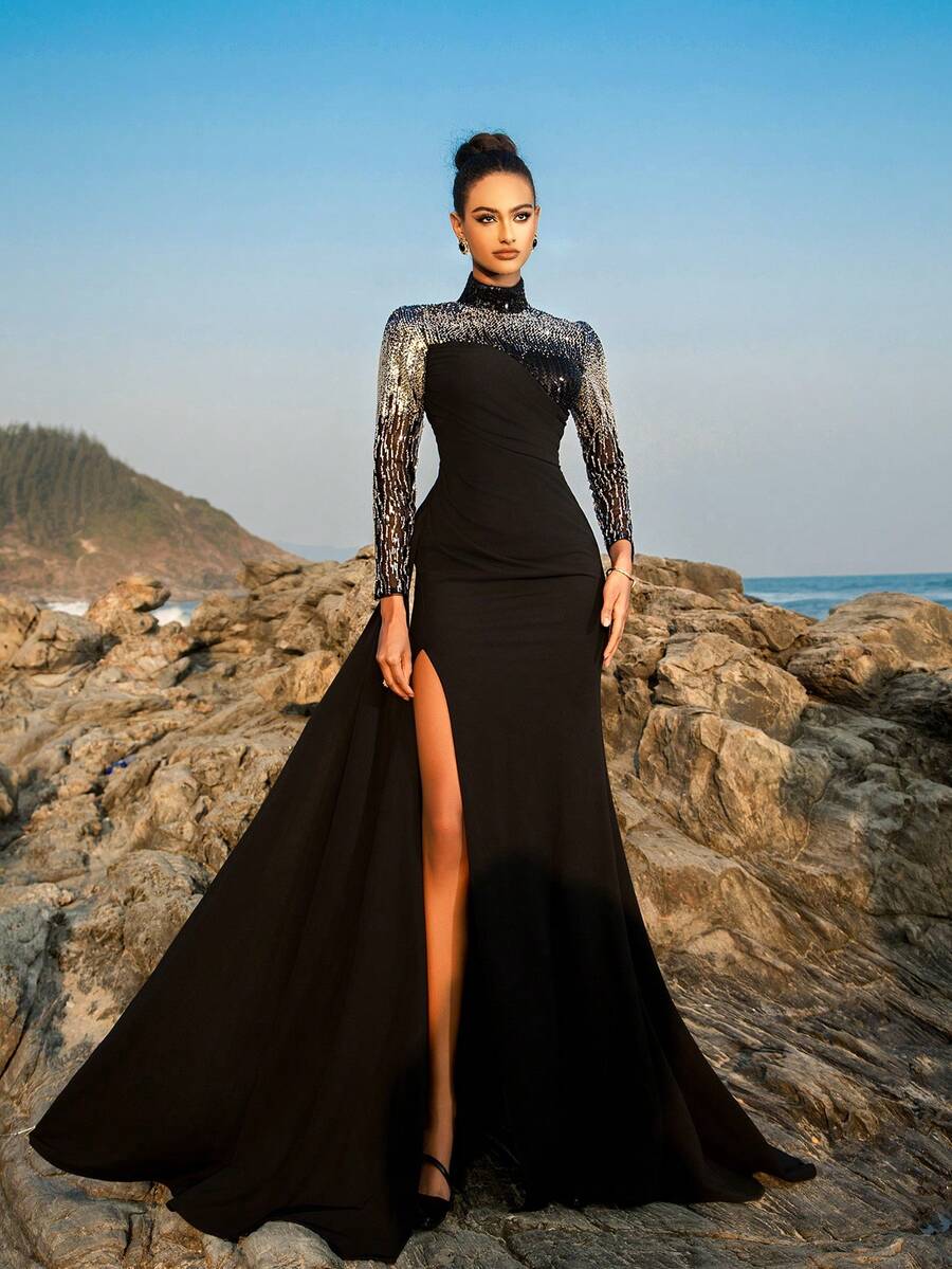 Đầm dự tiệc sang trọng cổ đứng tay dài xẻ đùi sequin, váy dự tiệc cưới, váy dạ hội thanh lịch, dành cho khách dự tiệc cưới, tốt nghiệp, tiệc tối