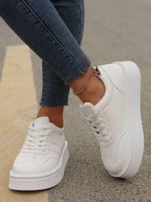 Thick Sole Women White Sneakers, Versatile Casual Outdoor Travel Walking Lightweight Tennis Shoes - White - View 6