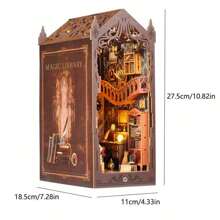 DIY书角套装 迷你娃娃屋带LED灯 3D拼图模型 木制书架书挡玩具 3D木制拼图书架内嵌装饰带灯 DIY迷你娃娃屋模型套装 魔法图书馆 教育成人生日礼物 书架内嵌书挡套装 圣诞礼物（注意：本产品不含胶水、电池或剪刀。由于组件较多，建议成人使用。）