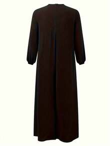 Modest Two Tone Tie Front Puff Sleeve Maxi Dress, Women Color Block Loose Floor Length Flowy Long Dress Black Fall - Black - View 3