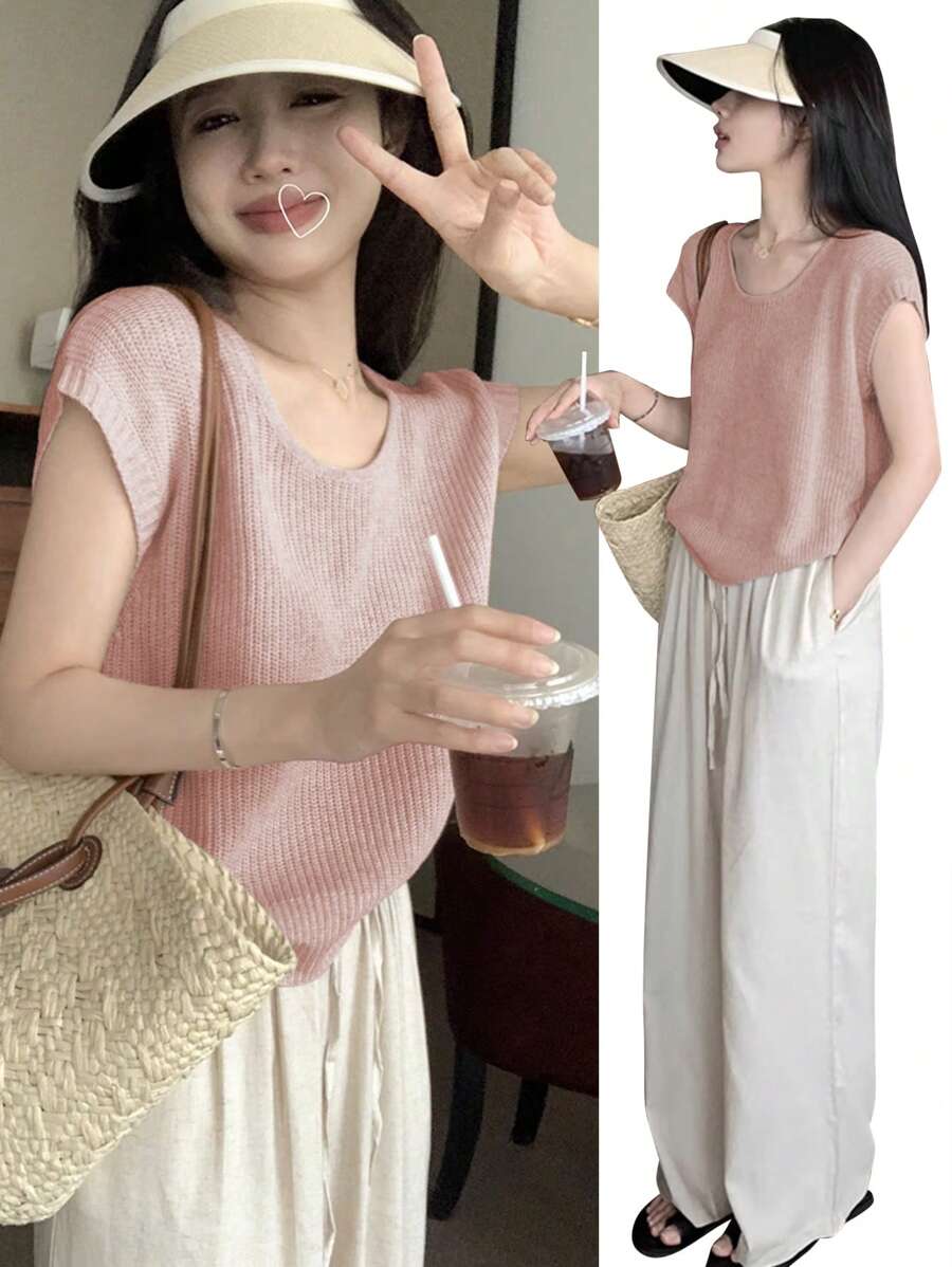 女式纯色浅粉色休闲简约时尚年轻沙滩针织上衣，春夏返校季 - 粉色 - 查看 1