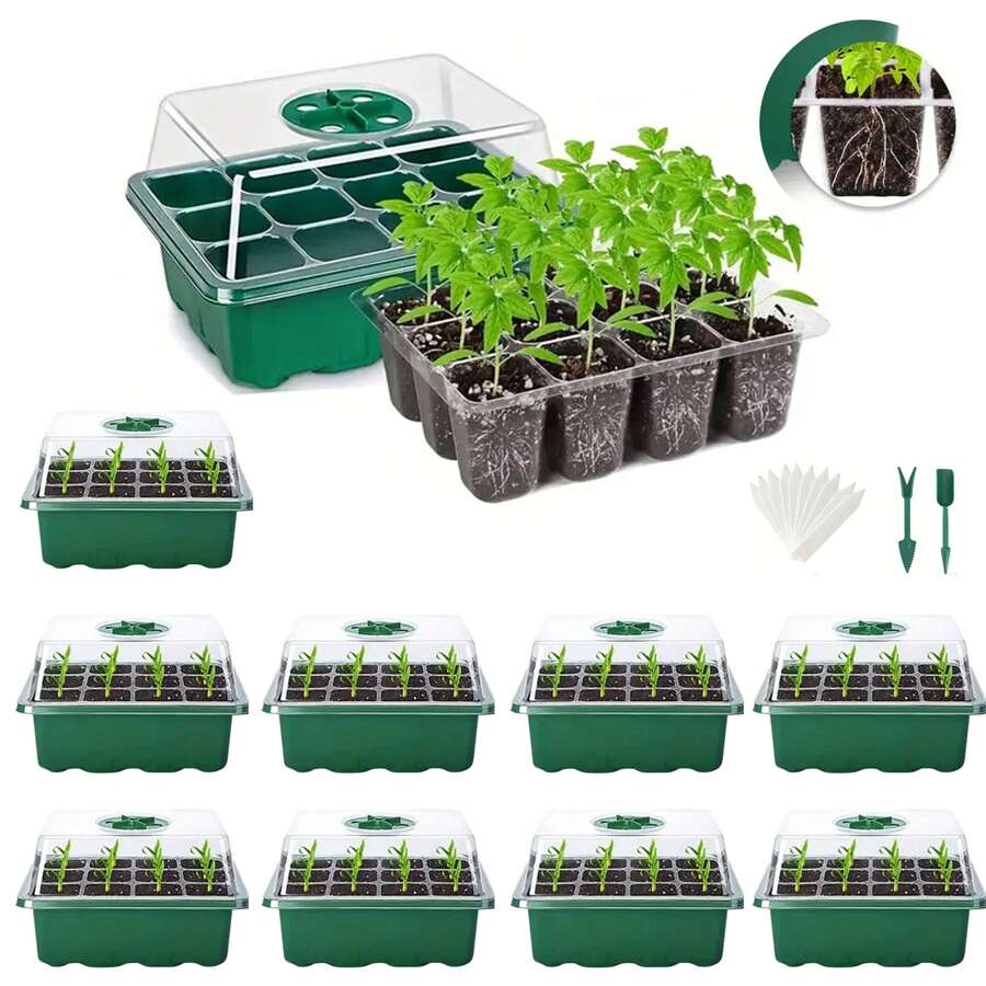 airskyce 10 Pieces Seed Starting Tray Seed Starting Kit With Humidity Cover, Plant Starting Kit And Seed Growing Basic Starting Kit - Green - View 1