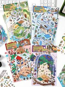 3pcs PET 2.5D Mini Diorama Decorative Sticker Set, Open Now Series, Suitable For Office, Home, Marking, Labels, Classroom, Toy, Student DIY Decor,School Supplies,Back To School - Multicolor - View 6