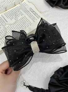 1pc Women's Elegant Double-Sided Rhinestone Lace Net Bow Hair Claw Ponytail Bun Claw Clip Hair Accessory, Bohemian Style,Hair Accessories,Claw Clips,Hair Jaw Clip,Hair Clutch, Black Hair Accessories Fall Winter Hair Clip For Vacation Outfits Woman - Black - View 9