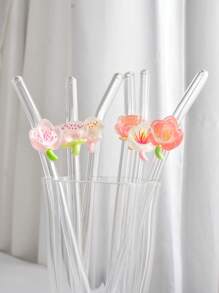 1 件/6 件花朵装饰玻璃吸管，适合饮用果汁、奶茶、咖啡、冷饮，弯曲吸管设计，学校用品，返校，送给女朋友、男朋友、父母、朋友的礼物 - Style C - 查看 6