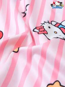 2 件套女士 Sanrio Hello Kitty 印花 Polo 领短袖纽扣口袋上衣和蝴蝶结短裤睡衣套装，适合家居服，春夏季 - 粉色 - 查看 8