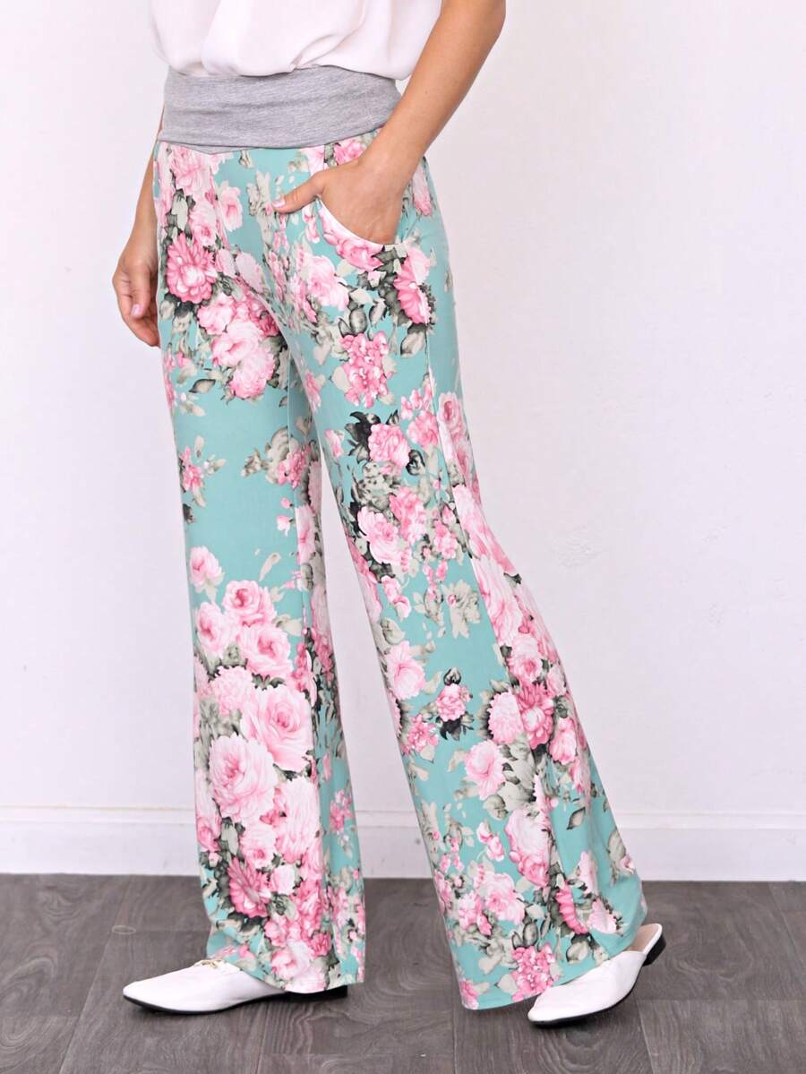 Floral Drawstring Fold Over Band Wide Leg Lounge Pants - 薄荷藍 - 查看 1