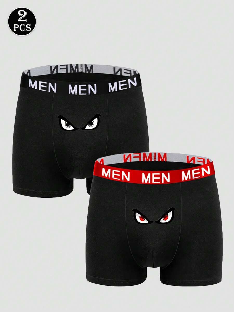 2pcs/Set Men's Simple Fashionable Eye Print Comfortable Breathable Elastic Daily Boxer Briefs - Black - View 1