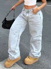 Jeans in denim larghi a vita alta lavati con acqua, casual e leggeri, adatti per uso quotidiano, disponibili in taglie comode per donne