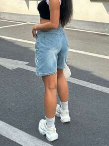 Quần short denim cạp cao rách, thiết kế gấu quần tua rua, khóa kéo và nút cài, có túi, kiểu dáng thường ngày và thời trang cho nữ mùa hè. - Rửa nhẹ - Xem 7