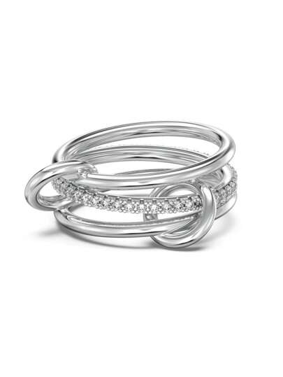 Fashionable Layerable Rings, Silver Tone Triple Linked Design With Delicate Cubic Zirconia, Jewelry Gift For Women