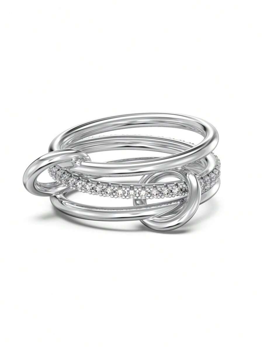 Fashionable Layerable Rings, Silver Tone Triple Linked Design With Delicate Cubic Zirconia, Jewelry Gift For Women
