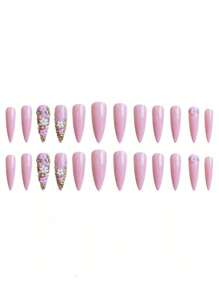 24Pcs Rose Gold Flower Cluster False Nails + 1Pc Jelly Gel + 1Pc Nail File Press On Nails Nail Supplies Nails - Multicolor - View 4