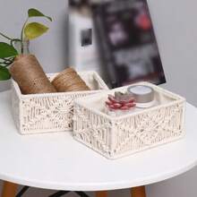 1pc White Rectangular Handwoven Rope Storage Basket, Delicate Handmade Desktop Organizer Box For Trinkets, Decorations, Jewelry And Small Items, Suitable For Daily Home Organization, Party Decoration And Holiday Storage - White - View 6