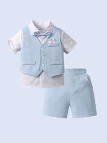 BOARNSEORL 3pcs Young Boys Gentleman Outfit - Short Sleeve Shirt With Bow Tie, Blue Shorts, And Vest, Elegant And Stylish For Birthday Party, Wedding, Anniversary, Christening - Baby Blue - View 2