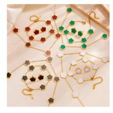 4 件/套时尚不锈钢双面贝母四叶草项链、手链、耳环、18K 金简约吊坠项链套装，优雅 - 金色 - 查看 7