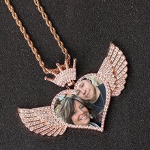 Customized Photo Personalized Crown Angel Wings Gemstone Engraved Heart Tag Photo Necklace, Stainless Steel Gift For Loved Ones, Wedding Anniversary, Valentine's Day, Jewelry Accessory