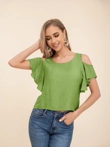 Blusa ribete con fruncido de hombros descubiertos - Verde - Ver 6