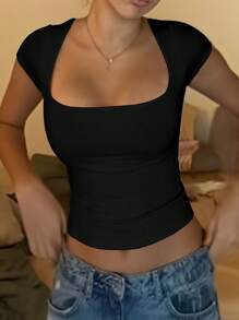 Women Square Neck Going Out Crop Tops Short Sleeve T Shirts Summer Cute Clothes Basics Tees - Black - View 1