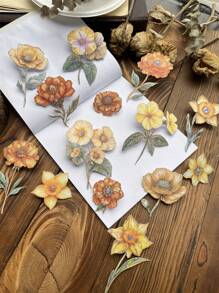 15pcs/Pack Vintage Thick 3D Paper Flower Branch Stickers, Floral Print Decoration For Journal Scrapbooking,School Supplies,Back To School