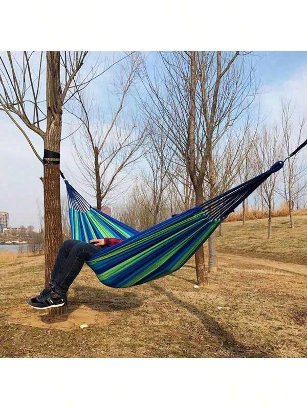 1pc Canvas Single Person Hammock, Outdoor Camping, Indoor Children Swing, Thickened Striped Hammock, Suitable For Camping, Outdoor Hanging Hammock, Accommodates 2 People, Load Capacity 200kg, Breathable, Portable, Nylon Material Super Lightweight Hammock, Suitable For Travel, Beach, Garden