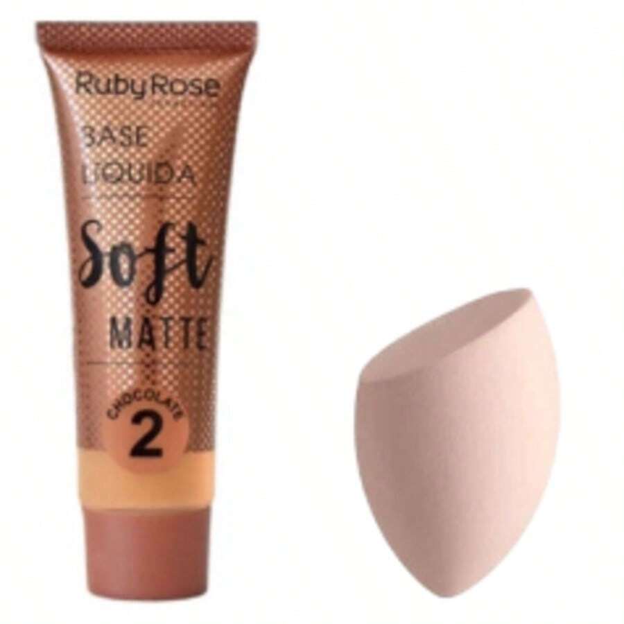 KIT Liquid Foundation Soft Matte Beige Ruby Rose HB8050+1PC Facial Sponges For Makeup (Random COLORS) - Chocolate2 + Esponja (COR aleatorizadas) - Ver 1