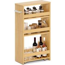 MARTY Rolling Storage Cart 7.9" W, 4-Tier Kitchen Cart With Wheels Handle, Slim Storage Cart Mobile Shelving Utility Carts For Bathroom Laundry Room Organization Narrow Places (Maple)