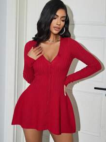 Y2K 简约休闲前扣紧身 V 领长袖喇叭下摆罗纹针织毛衣秋季 - 紅色 - 查看 4