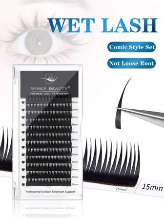 Winky Beauty 湿润光泽睫毛簇状嫁接睫毛，12排A型，适合角色扮演、漫画风格，轻盈飘逸，恶魔尖刺造型，柔软条状，貂毛绒绒，单根，俄式浓密，自然预制睫毛簇，假睫毛用品，化妆工具，适用于美睫师、美容院、万圣节等场合，0.07毫米，D型卷度，长度8-15毫米