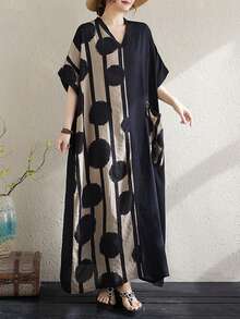 Topy, damska sukienka w kropki, elegancka sukienka na wakacje, plus size boho casualowa sukienka na wakacje, 2025 lato damska plus size dekolt w serek krótki rękaw kolor dopasowany luźna sukienka w paski duże kieszenie