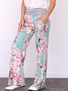 Floral Drawstring Fold Over Band Wide Leg Lounge Pants - 薄荷藍 - 查看 2