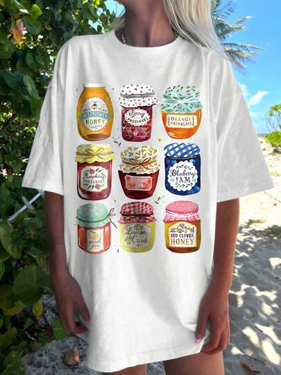 Oversized Loose Fit Short Sleeve T-Shirt, Spring/Summer Vacation Style Picnic Fruit Print, Suitable For Beach, Picnic, Camping, Featuring Orange, Cherry, Blueberry, Orange, Peach, Lemon Fruit Patterns, Suitable For All Ages, Perfect For Vacation, Daily Wear And Gatherings