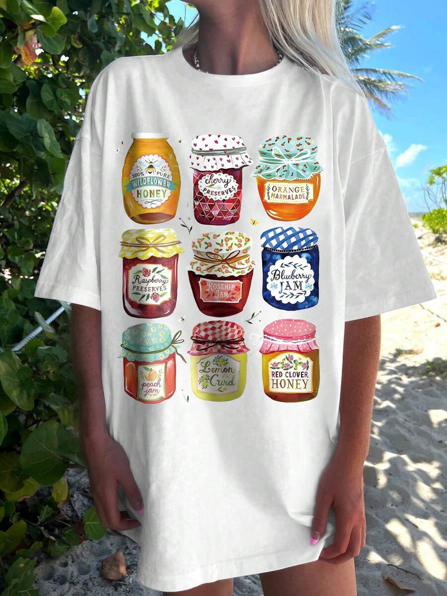 Oversized Loose Fit Short Sleeve T-Shirt, Spring/Summer Vacation Style Picnic Fruit Print, Suitable For Beach, Picnic, Camping, Featuring Orange, Cherry, Blueberry, Orange, Peach, Lemon Fruit Patterns, Suitable For All Ages, Perfect For Vacation, Daily Wear And Gatherings - White - View 1