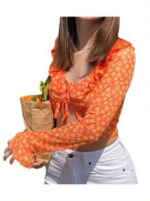 Ladies Summer Short Tops, Women Leisure Style Floral Printing Front Tie Up Flouncing Splicing Flare Long Sleeve Slim Blouse - naranja - Ver 3