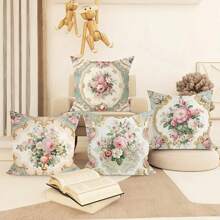 4 件维多利亚风格花卉印花枕套，17.7x17.7 英寸，现代绿色天鹅绒，可机洗，拉链开合，涤纶装饰垫套，适用于客厅、沙发、床、圣诞家居装饰 - 綠色 - 查看 4