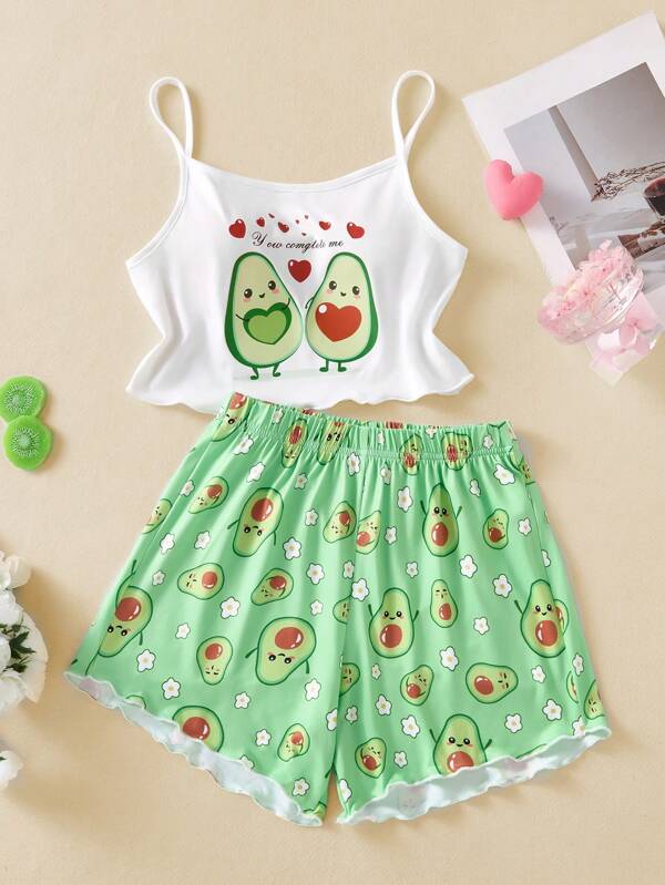 Conjunto casual de 2 piezas de ropa de interior para niña preadolescente de verano, con camiseta de tirantes y pantalones cortos, con estampado de cara de aguacate sonriente con forma de corazón y letra, de tela cómoda