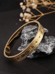1pc Titanium Steel 18K Gold-Color Four-Leaf Clover & Rhombus Design Bangle, Vintage Luxurious Fashion Versatile, Suitable For Women Daily Wear, Party Gifts