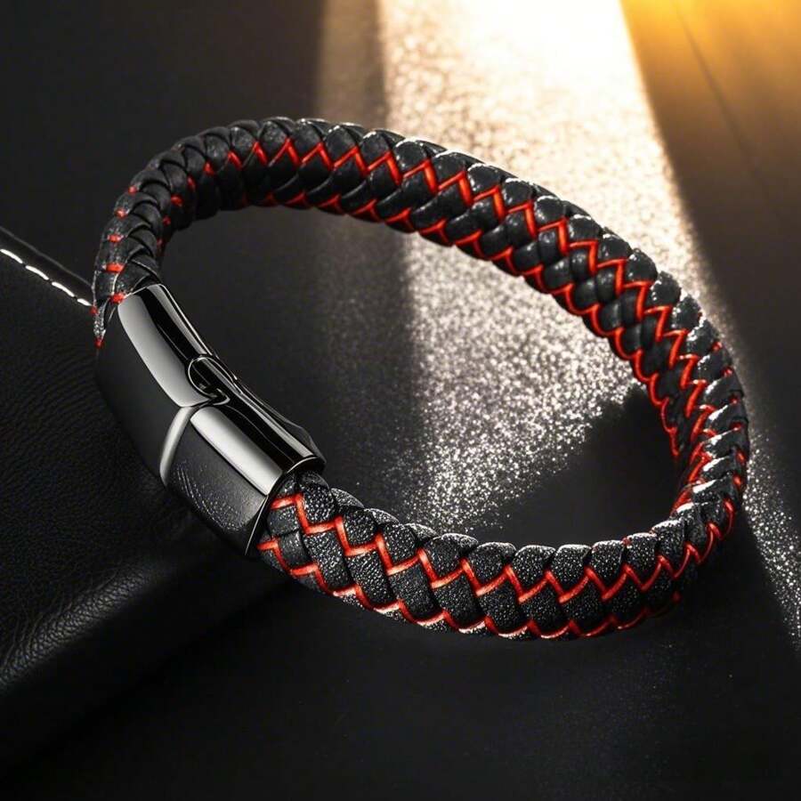 1 chiếc vòng tay da đen nguyên chất, vòng tay da Punk dành cho nam, dây da dệt bằng thép titan - Đỏ - Xem 1