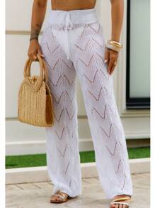 Beachwear Pants High Waist Crochet Knitwear Summer Beachwear Lace Adjustment - trắng - Xem 8